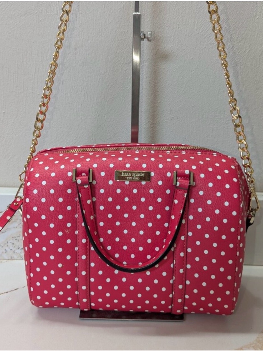 Kate Spade Grant Street Pink Polka Dot Mini Cassie Crossbody Chain Satchel EUC - Picture 5 of 12